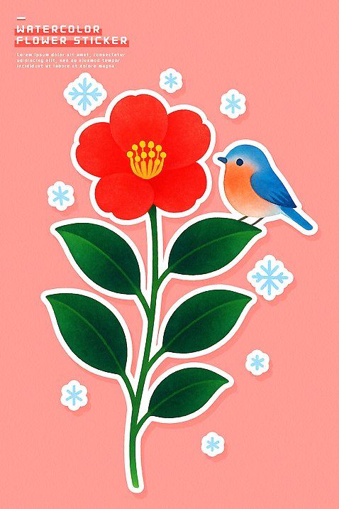 식물 동물 꽃 컬러 눈_날씨 생태계 파일형식 스티커 디자인 백그라운드 분홍색 눈송이 창의성 그림 자연 조류 장식 그래픽 꽃잎 잎 예술 일러스트 국내일러스트 PSD 수채화