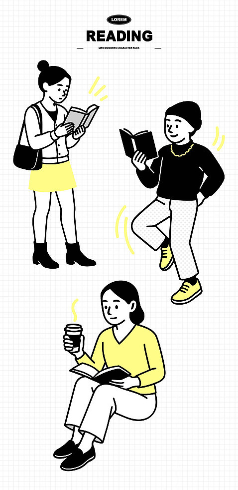 길 음료 일러스트 모션 서기 사람 앉기 취미 책 독서 카페 모임 정보 시간 집중 읽기 스타일 소설_책 국내일러스트 AI파일 컨셉 상점 문학 파일형식 벡터