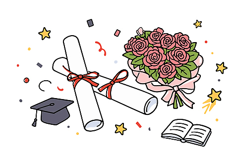 학생 기호 교육 기념일 감정 리본 꽃다발 일러스트 학사모 성공 졸업식 기념 이벤트 장식 책 컬러풀 축제 모임 축하 졸업장 문서 수료 국내일러스트 AI파일 문자 모자_잡화 꽃 컬러 컨셉 졸업 파일형식 벡터