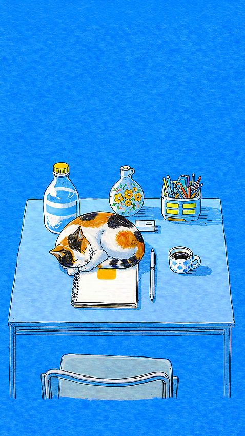 JPG 식물 종이 일러스트 아침 일상 생활 사무실 필기구 꽃병 고양이 이불 도구 기록 시간 잠 작업 커피잔 물병 책상 정리 국내일러스트 AI일러스트 AI콘텐츠 주간 꽃 커피 가구 비즈니스 포유류 침구 문구용품 잔 라이프 반려동물 물통 파일형식