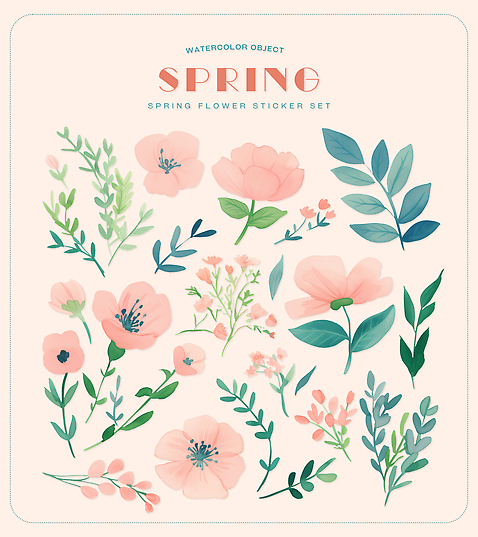 모양 PSD 식물 디자인 꽃 예술 컬러 스티커 일러스트 자연 생명 수채화 장식 초록색 세트 봄 색칠 꾸미기 국내일러스트 계절 생태계 파일형식