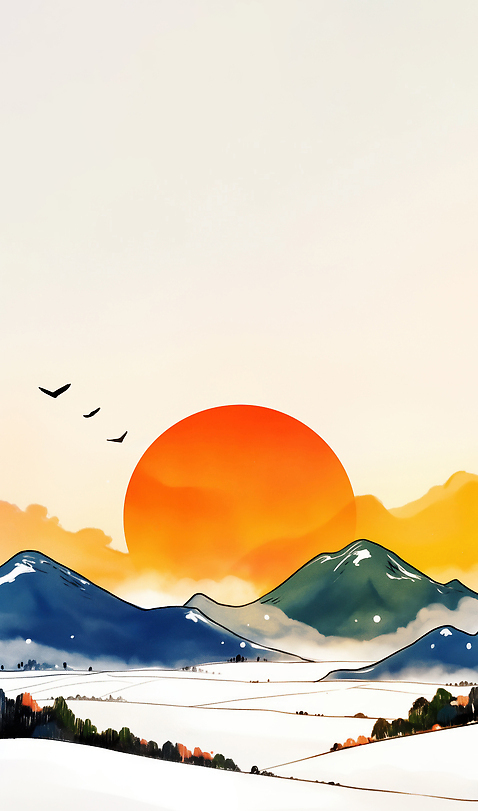 JPG 컬러 여행 겨울 일러스트 자연 조류 하늘 아침 바람 날씨 조명 새해 산 풍경 설날 태양 일출 계곡 긴급 지평선 평야 풍경화 산맥 국내일러스트 AI일러스트 AI콘텐츠 주간 자연요소 동물 계절 명절 노을 그림 생태계 파일형식