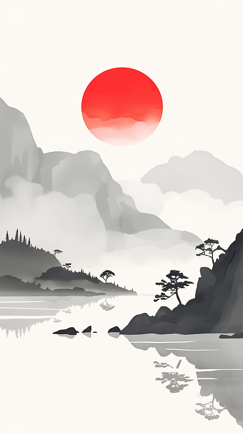 JPG 나무 호수 컬러 일러스트 자연 하늘 산 수묵화 풍경 태양 반사 일몰 안개 수면 그림 조용 조화 국내일러스트 AI일러스트 AI콘텐츠 자연요소 식물 날씨 미술 물 노을 생태계 파일형식