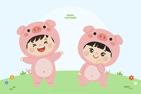 식물 옷 감정 컨셉 포유류 관계 표정 사람 라이프 파일형식 벡터 돼지 웃음 잔디 아기 놀이 즐거움 장난 친구 귀여움 동물 아동복 어린이 일상 캐릭터 밝은색 AI파일 일러스트 국내일러스트 동물옷