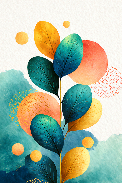 JPG 모양 식물 디자인 예술 컬러 백그라운드 잎 일러스트 자연 그래픽 물감 원형 그림 기하학 조화 디지털아트 벡터 국내일러스트 AI일러스트 AI콘텐츠 도형 무늬 미술도구 생태계 파일형식