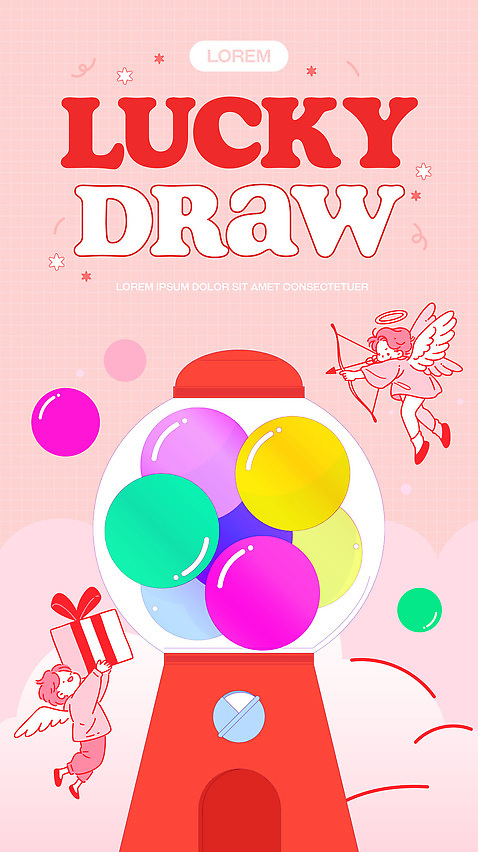 템플릿 감정 컬러 다수 사람 이벤트 뽑기 파일형식 벡터 럭키드로우 기계 공 천사 선물 분홍색 백그라운드 즐거움 놀이 경품 도전 여러명 이미지템플릿 AI파일