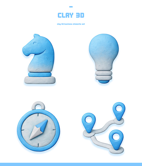 PSD 아이콘 디자인 조각 지도 비즈니스 전구 장식 파란색 3D아이콘 3D 흰색 말_게임 나침반 점토 창의성 컬러 디지털합성 파일형식
