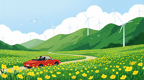 JPG 도로 여행 꽃밭 일러스트 자연 하늘 바람 산 풍경 여름 운동 환경 기계 봄 드라이브 언덕 풍력기 국내일러스트 AI일러스트 AI콘텐츠 자연요소 계절 꽃 길 교통시설 날씨 건강 운전 풍력에너지 생태계 파일형식