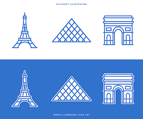 아이콘 건축물 디자인 문화 관광지 프랑스 에펠탑 피라미드 심플 개선문 파리 랜드마크 루브르박물관 벡터 2D아이콘 AI파일 건축 유럽 여행 박물관 파일형식