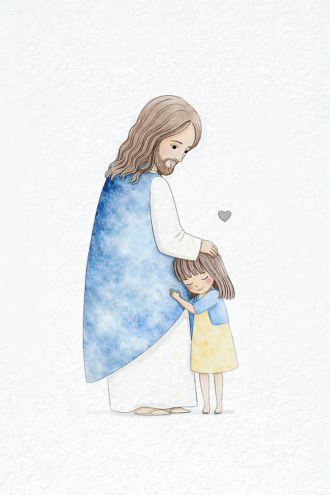 JPG 행복 감정 종교 어린이 십자가 일러스트 가족 포옹 하늘 따뜻함 이야기 사랑 소녀 믿음 우정 예수 보호 그림 국내일러스트 AI일러스트 AI콘텐츠 여자 컨셉 관계 안기 사람 친구 신_종교 파일형식