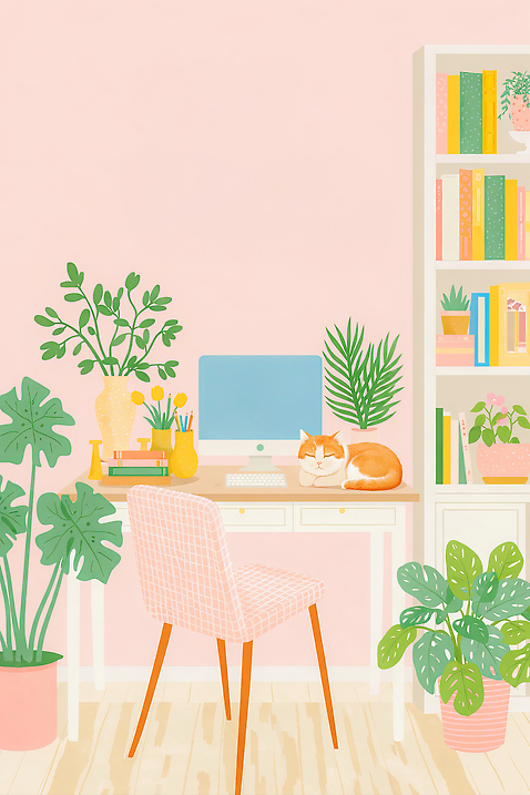 JPG 식물 디자인 의자 일러스트 휴식 책장 주택 내부 인테리어 컴퓨터 사무실 고양이 공간 작업 사무 편안함 책상 원예 재택근무 온라인강의 국내일러스트 AI일러스트 AI콘텐츠 가구 컨셉 비즈니스 포유류 취미 건물 전자제품 반려동물 업무 감각 강의 파일형식 언택트