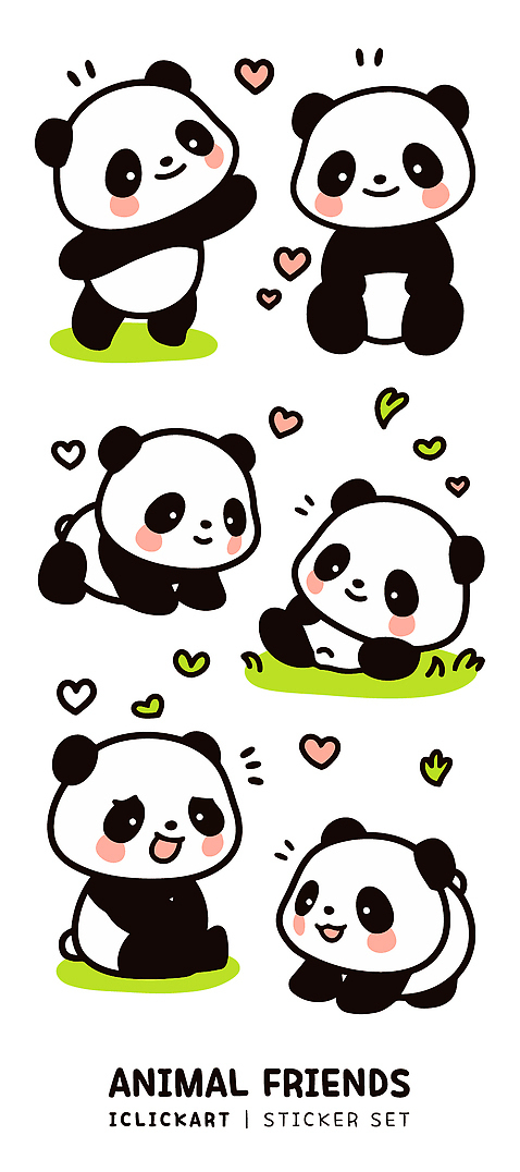 동물 캐릭터 디자인 컬러 포즈 스티커 일러스트 모션 놀이 사랑 웃음 초원 장식 친구 귀여움 마음 표현 판다 그림 국내일러스트 AI파일 감정 컨셉 곰 관계 표정 파일형식 벡터
