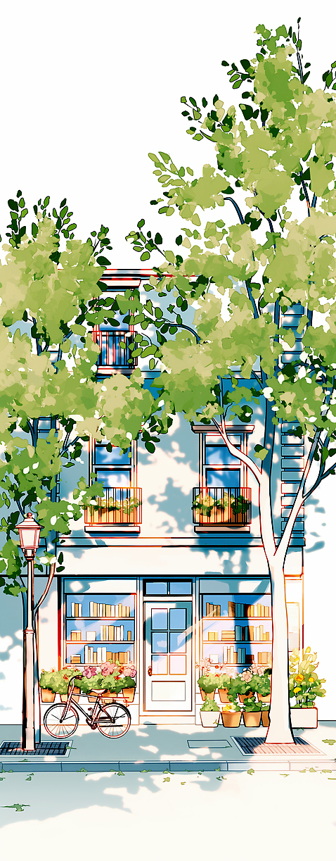 JPG 나무 디자인 꽃 일러스트 창문 거리 풍경 건물 일상 초록색 여름 독서 햇빛 자전거 카페 도시 오브젝트 그림 서점 국내일러스트 AI일러스트 AI콘텐츠 식물 건축물 계절 컬러 라이프 태양 상점 바이크 파일형식