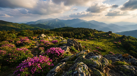 식물 계절 산 태양 CG 생태계 철쭉 파일형식 AI콘텐츠 꽃 풍경 자연 정상 봄 햇빛 대기 산맥 화초 여행 편집실사 편집이미지 JPG 산철쭉 AI포토