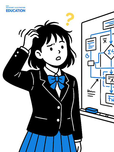 옷 교육 감정 컬러 컨셉 학교 모션 사람 신체부위 파일형식 벡터 학생 교실 칠판 문제 의문 수업 여자 청소년 고민 설명 그래프 자료 학습 머리 손 교복 검은색 일러스트 국내일러스트 AI파일