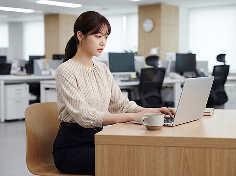 JPG 편집이미지 여자 커피 비즈니스 노트북 컴퓨터 사무실 환경 스크린 사무용품 키보드 작업 집중 책상 직원 오후 의료성형뷰티 편집실사 AI인물포토 AI콘텐츠 음료 가구 컨셉 문구용품 사람 전자제품 CG 파일형식 AI포토