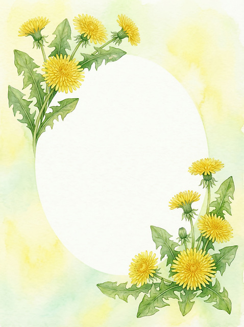 JPG 식물 디자인 꽃 예술 컬러 백그라운드 일러스트 자연 수채화 프레임 장식 연두색 노란색 봄 공백 흰색 면류 민들레 그림 국내일러스트 AI일러스트 AI콘텐츠 계절 음식 초록색 생태계 파일형식