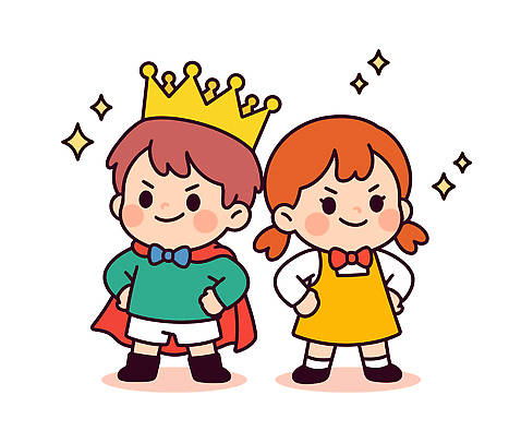시선 드레스 어린이 허리손 포즈 일러스트 장난 모션 놀이 왕관 웃음 친구 파티 자신감 그룹 왕 여왕 흥미 국내일러스트 AI파일 옷 감정 컨셉 관계 표정 사람 이벤트 파일형식 벡터