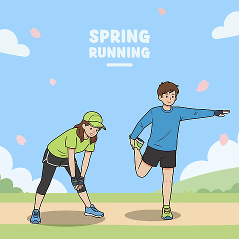 손 공원 여자 남자 길 스포츠 운동화 일러스트 모션 날씨 건강 사람 야외 운동복 달리기 운동 스트레칭 봄 체육 연습 허벅지 러닝 국내일러스트 AI파일 옷 계절 공공시설 신발 신체부위 파일형식 벡터