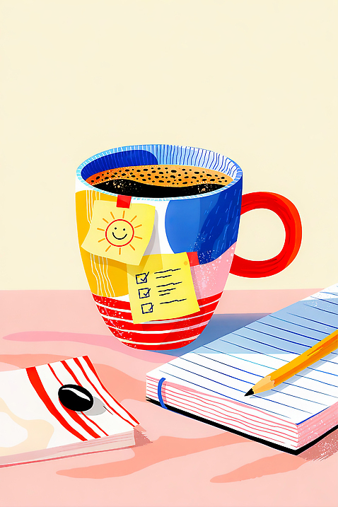 JPG 디자인 커피 음료 예술 컬러 일러스트 아침 손잡이 일상 컵 사무실 필기구 연필 공책 공간 기록 메모지 작업 집중 창의성 국내일러스트 AI일러스트 AI콘텐츠 주간 식기 컨셉 비즈니스 문구용품 학용품 라이프 사무용품 파일형식