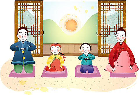 EPS 나무 한국전통 여자 명절 남자 일러스트 새해 방석 사람 여러명 설날 문 일출 절_인사 마루_인테리어 한복 세배 국내일러스트 식물 전통 기념일 다수 바닥 한국 노을 인사 전통의상 파일형식 벡터