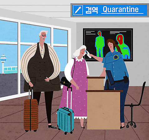 전신 여자 할아버지 노년 남자 할머니 일러스트 서기 사람 성인 세명 실버라이프 캐리어 공항 온도계 체온계 직원 검사_조사 체온 발열 검역 코로나바이러스 델타변이바이러스 AI_파일형식 국내일러스트 라이프스타일 교통시설 모션 여행가방 바이러스 위생 파일형식 벡터