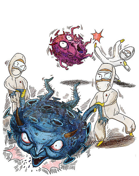 PSD 남자 일러스트 사람 성인 세명 잡기 바이러스 질병 감기 사회이슈 질병관리 감염 전염 해결 몬스터 체포 성인남자만 코로나바이러스 1339 델타변이바이러스 국내일러스트 컨셉 의학 모션 건강 전화번호 남자만 성인만 파일형식