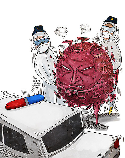 PSD 남자 일러스트 사람 성인 두명 분노 바이러스 경찰 질병 감기 수갑 사회이슈 전염 경찰차 몬스터 인플루엔자 체포 성인남자만 코로나바이러스 방역복 델타변이바이러스 국내일러스트 직업 옷 감정 컨셉 의학 자동차 감염 방역 남자만 성인만 파일형식