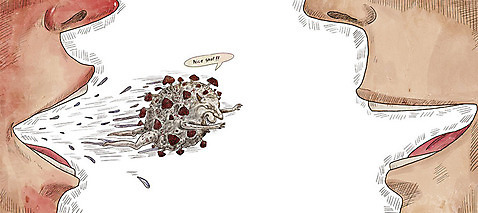 PSD 얼굴 일러스트 사람 두명 신체부위 입 바이러스 질병 감기 사회이슈 전염 전파 침 몬스터 인플루엔자 코로나바이러스 델타변이바이러스 국내일러스트 컨셉 의학 감염 파일형식