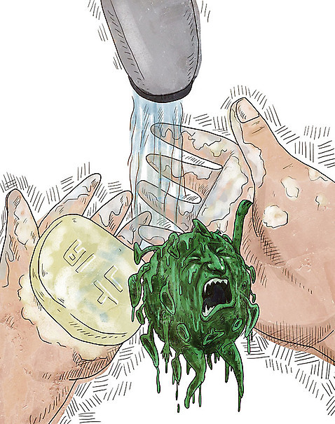 PSD 손 일러스트 한명 사람 신체부위 물 바이러스 질병 감기 사회이슈 세면대 수도꼭지 예방 전염 안전수칙 비누 손씻기 몬스터 인플루엔자 코로나바이러스 델타변이바이러스 국내일러스트 녹이기 자연요소 1 컨셉 의학 모션 안전 위생용품 씻기 감염 파일형식