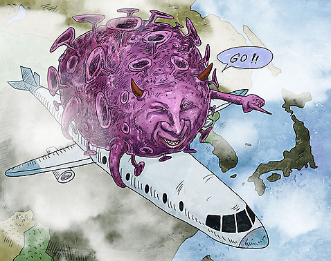 PSD 나라 이동 지도 일러스트 하늘 비행기 웃음 손짓 사람없음 비행 가리킴 바이러스 질병 승차 감기 사회이슈 전염 전파 몬스터 인플루엔자 코로나바이러스 델타변이바이러스 국내일러스트 컨셉 의학 항공교통 모션 대중교통 표정 감염 파일형식