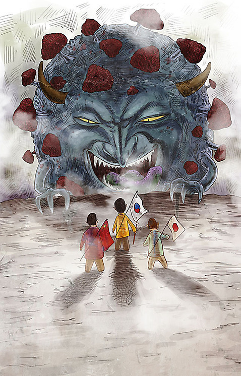 PSD 남자 일러스트 한국 서기 들기 사람 세명 일본 중국 경쟁 바이러스 국기 질병 감기 사회이슈 전염 대치 몬스터 위기 인플루엔자 성인남자만 코로나바이러스 델타변이바이러스 국내일러스트 아시아 컨셉 의학 모션 감염 남자만 성인만 파일형식