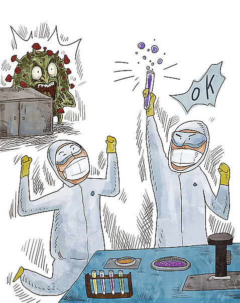 PSD 일러스트 사람 두명 놀람 기쁨 의료진 바이러스 질병 감기 사회이슈 과학자 책상 전염 개발 몬스터 백신 인플루엔자 항생제 코로나바이러스 방역복 델타변이바이러스 국내일러스트 직업 옷 감정 과학 가구 컨셉 의학 표정 약 감염 방역 학자 파일형식