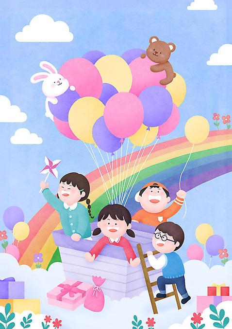 전신 PSD 여자 남자 꽃 어린이 무지개 일러스트 곰 선물 소년 여러명 컬러풀 열기구 토끼 풀_식물 어린이날 즐거움 풍선 어린이만 구름_자연 소녀_어린이 국내일러스트 자연요소 식물 동물 기념일 감정 컬러 다수 포유류 항공교통 사람 반려동물 파일형식