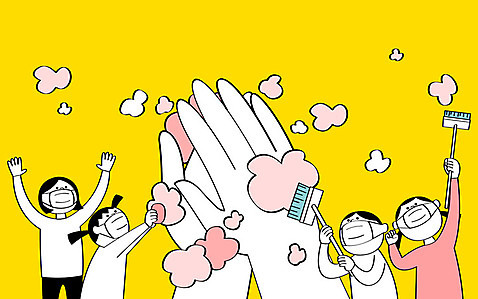 손 여자 남자 어린이 일러스트 마스크 들기 사람 여러명 상반신 신체부위 노란색 거품 솔 사회이슈 예방 손씻기 어린이만 코로나바이러스 델타변이바이러스 AI_파일형식 국내일러스트 컬러 다수 컨셉 모션 바이러스 씻기 파일형식 벡터