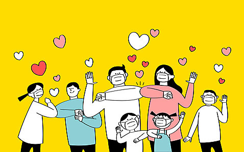 여자 남자 어린이 일러스트 마스크 사람 여러명 상반신 성인 노란색 하트 인사 사회이슈 예방 팔꿈치 코로나바이러스 델타변이바이러스 AI_파일형식 국내일러스트 모양 컬러 다수 컨셉 신체부위 예절 바이러스 팔 파일형식 벡터