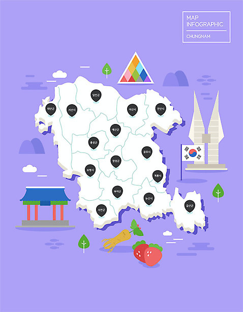 지도 일러스트 딸기 사람없음 보라색 인포그래픽 인삼 충청남도 태극기 지역 독립기념관 랜드마크 백제문화단지 AI_파일형식 국내일러스트 컬러 과일 유적지 삼 국기 충청도 기념관 부여 파일형식 벡터