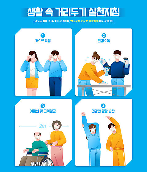여자 노년 남자 일러스트 마스크 여러명 상반신 성인 생활 파란색 휠체어 방법 방역 생활습관 소독 실천 매뉴얼 홈트레이닝 코로나바이러스 사회적거리두기 생활방역 델타변이바이러스 AI_파일형식 국내일러스트 캠페인 컬러 다수 사람 운동 바이러스 습관 파일형식 벡터