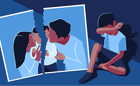 남자 어린이 일러스트 한명 사람 소년 성인 파란색 울음 가족사진 찢어짐 이혼 얼굴없음 소년한명만 AI_파일형식 국내일러스트 1 컬러 가족 모션 표정 남자한명만 소년만 파일형식 벡터 단체사진