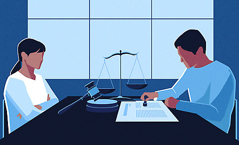 부부 여자 남자 일러스트 저울 사람 성인 두명 파란색 도장 팔짱 의사봉 이혼 얼굴없음 성인만 이혼서류 AI_파일형식 국내일러스트 커플 컬러 모션 파일형식 벡터