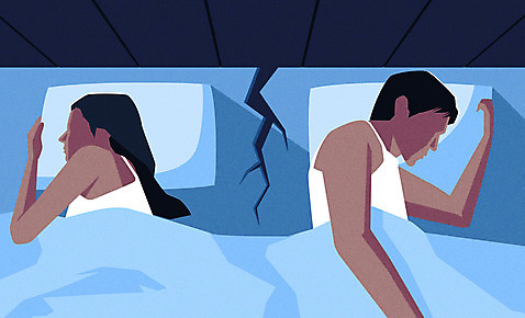 부부 여자 남자 일러스트 사람 성인 두명 파란색 눕기 등돌리기 침대 잠 균열 이혼 얼굴없음 성인만 AI_파일형식 국내일러스트 커플 컬러 가구 모션 파일형식 벡터