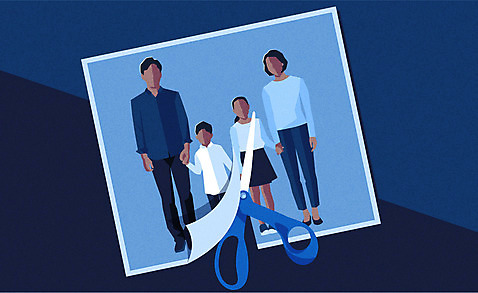 부부 여자 남자 딸 아들 일러스트 가족 엄마 가위_도구 사람 여러명 성인 파란색 부모 손잡기 자녀 아빠 자르기 가족사진 가위질 이혼 얼굴없음 AI_파일형식 국내일러스트 커플 컬러 다수 관계 모션 문구용품 파일형식 벡터 단체사진