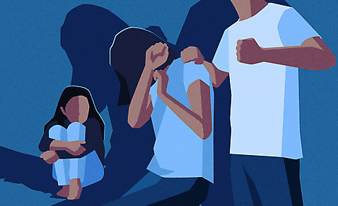 부부 응시 여자 남자 딸 어린이 일러스트 엄마 사람 성인 세명 파란색 주먹 자녀 폭력 아빠 웅크림 가정폭력 때리기 이혼 얼굴없음 AI_파일형식 국내일러스트 커플 시선 컬러 가족 모션 사회이슈 파일형식 벡터