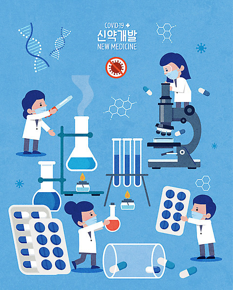 전신 여자 남자 하늘색 일러스트 세포 실험 여러명 성인 알약 약 DNA 연구원 비커 염색체 개발 성인만 코로나바이러스 신약개발 델타변이바이러스 AI_파일형식 국내일러스트 직업 다수 의학 실험기구 사람 파란색 바이러스 생명공학 파일형식 벡터 신약_의학