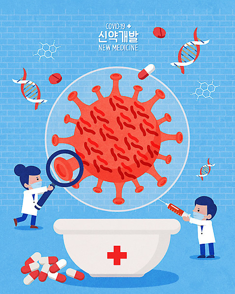 전신 여자 남자 하늘색 일러스트 돋보기 세포 실험 성인 두명 알약 약 바이러스 DNA 연구원 염색체 개발 성인만 코로나바이러스 신약개발 델타변이바이러스 AI_파일형식 국내일러스트 직업 의학 사람 파란색 생명공학 파일형식 벡터 신약_의학