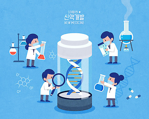 전신 여자 남자 하늘색 일러스트 돋보기 세포 실험 여러명 성인 알약 약 DNA 연구원 비커 염색체 개발 성인만 코로나바이러스 신약개발 델타변이바이러스 AI_파일형식 국내일러스트 직업 다수 의학 실험기구 사람 파란색 바이러스 생명공학 파일형식 벡터 신약_의학