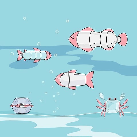 EPS 해외이미지 일러스트 조개 어류 사람없음 파란색 게 폐기물 플라스틱 생태계 페트병 패키지 수질오염 해양오염 해양쓰레기 해외202008 해외일러스트 컬러 재질 어패류 갑각류 수중동물 환경오염 쓰레기 병_담는 파일형식 벡터