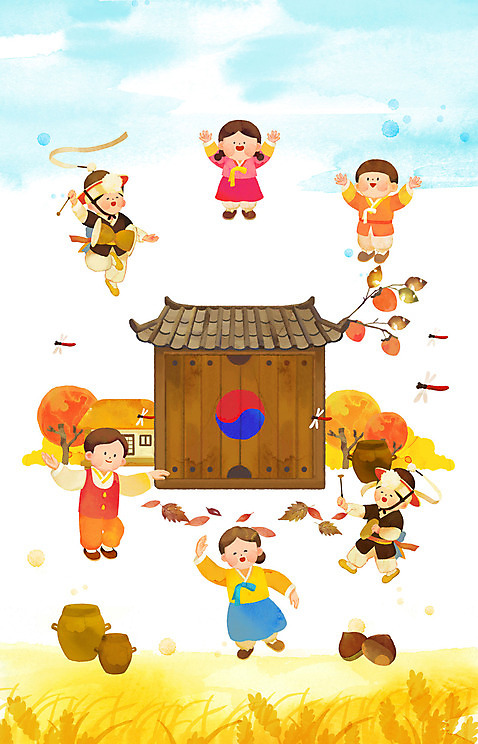전신 PSD 전통 여자 명절 남자 어린이 일러스트 한옥 곡류 초가집 감 여러명 성인 추석 벼 시골 잠자리 한복 대문 풍년 남사당패 가을_계절 수채화_물감 국내일러스트 한국전통 계절 기념일 다수 곤충 고건축 과일 사람 문 수확 전통의상 파일형식