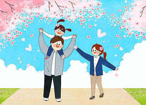 전신 PSD 여자 남자 딸 어린이 하늘색 일러스트 가족 엄마 사랑 성인 세명 육아 벚꽃 목말 아빠 국내일러스트 꽃 감정 관계 모션 사람 파란색 파일형식