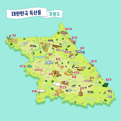 지도 일러스트 감자 한국 사람없음 연두색 쌀 인삼 한지 오징어 특산물 강원도 연어 지역 한우 표고버섯 잣 메주 다시마 민트색 호빵 황태 안내도 AI_파일형식 국내일러스트 아시아 종이 빵 컬러 채소 곡류 연체동물 어류 초록색 수중동물 버섯 소고기 견과류 삼 해조류 파일형식 벡터